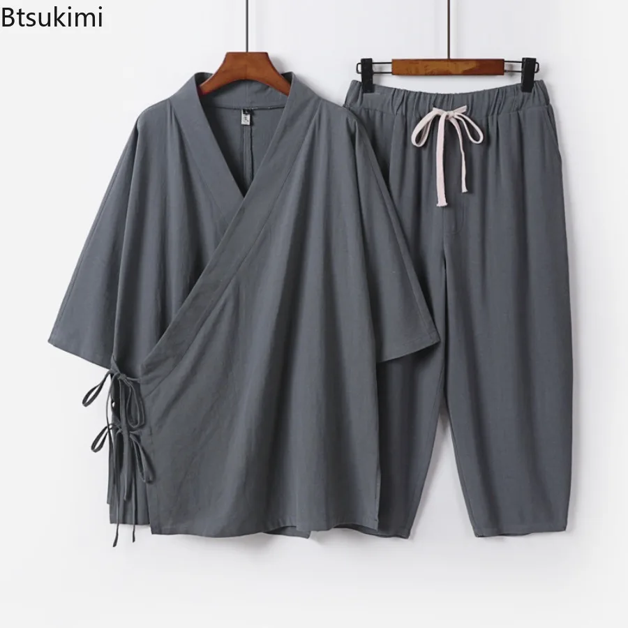Summer Linen Set Men's Cotton and Linen Tops Vintage Casual Three Quarter Sleeve V-neck Tshirt and Seven Cents Pants 2Pcs Male