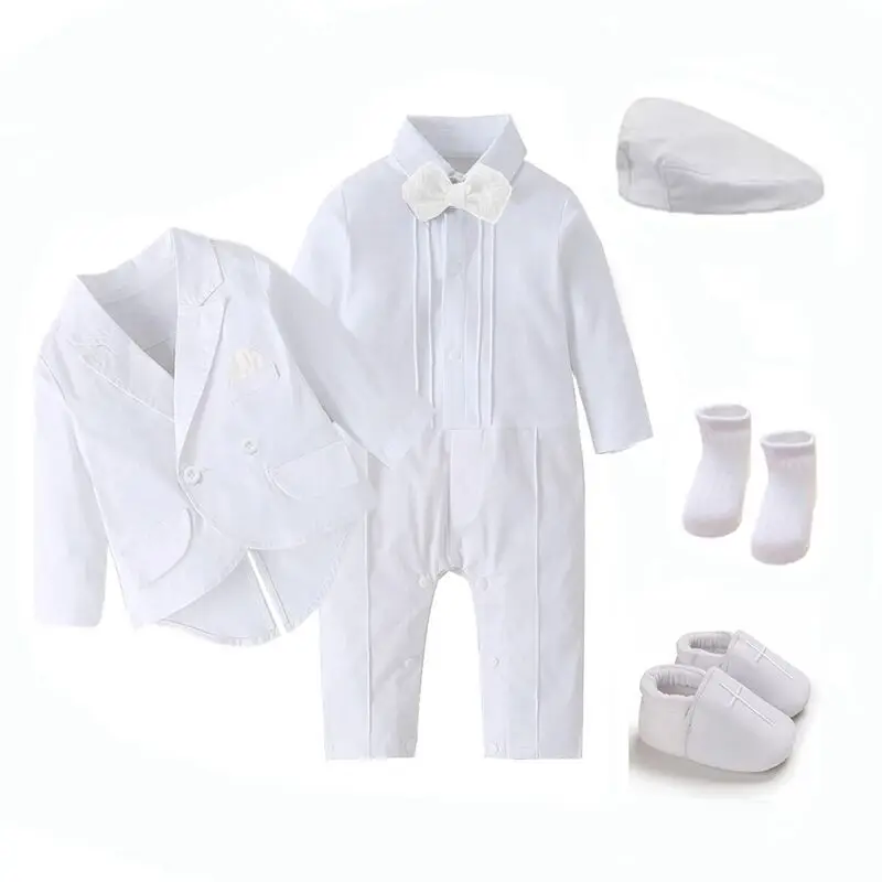 

Baby Baptism Outfit Boy Cotton Toddler Christening Dress Overalls+Vest+Beret+Shoes+Socks Baby Set Elegant Boy Boutique Clothes