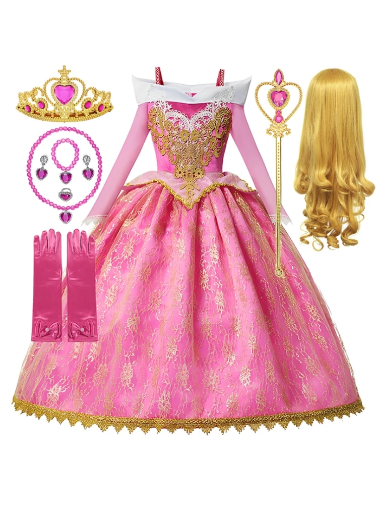 Meisje Aurora Prinses Jurk Kinderen Luxe Cosplay Kostuum Rose Roze Briar Rose Outfit Kids Carnaval Verjaardagsfeestje Kleding - afbeelding 2
