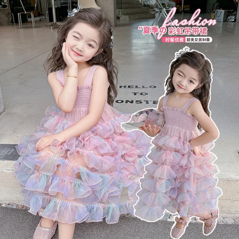 

Girls' Rainbow Strap Dress Summer New Fashionable Baby Girl Vest Cake Dress Sweet Princess Dress