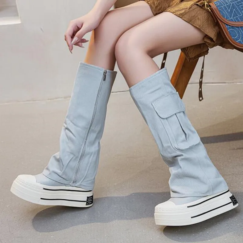 2026 Fashion New Women Denim Canvas High Boots Height Increasing Sole 12CM Trendy Street Boots Zipper Open Pocket Platform Botas view 4
