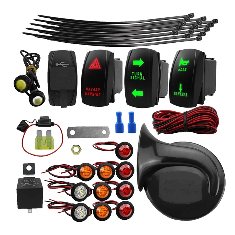 Universal ATV UTV Turn Signal Horn Kit,2 Ports USB Relay Horn Fuse Wire Reverse Light Flasher Blinker Kit