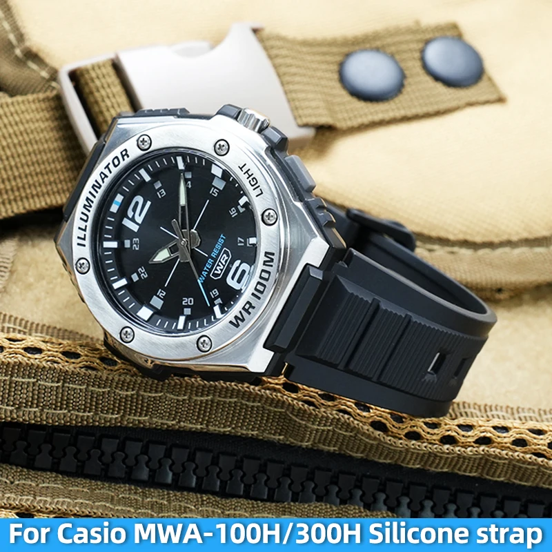 

Силиконовый ремешок для часов Casio MWA-300H MWA-100H MWD-100H, мужской, с выпуклым креплением, черно-зеленый