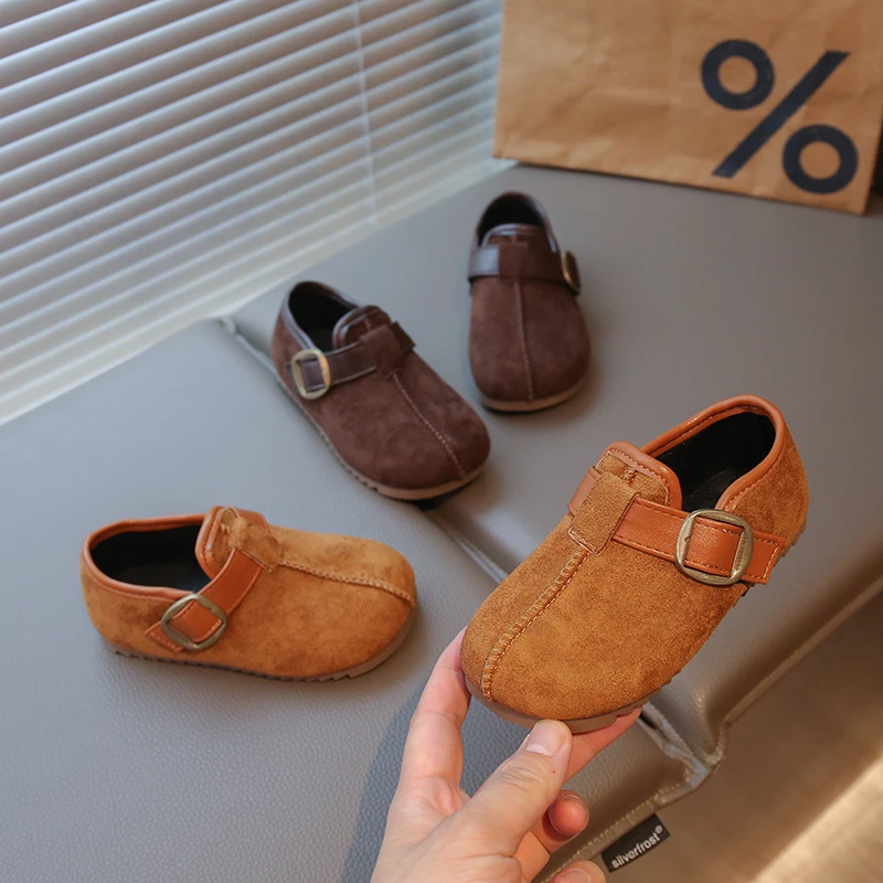 

2026 Spring Fashion Children Leather Shoes Boys Shoes Retro Non-slip Sweet Kids Moccasins Soft Sole Hook&loop Elegant Girls Flat