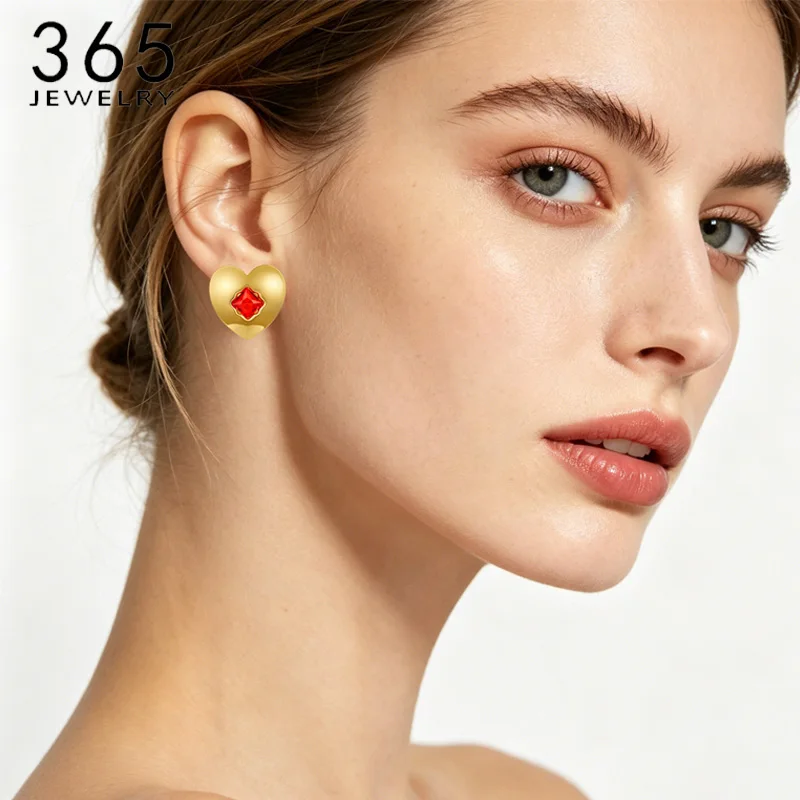 365 Fashion Inlaid Heart Love Zircon Stainless Steel Gold Color Stud Earrings for Women Daily Wear Brithday Party Jewelry Gift