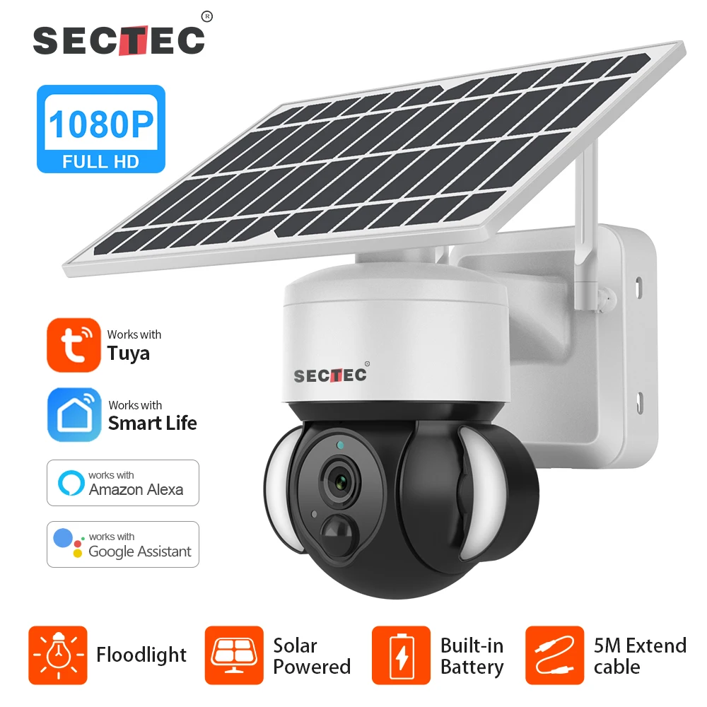 SECTEC FloodlightSolar Battery PTZ Outdoor Wifi Solar Camera Securit Waterproof Wifi Surveillance CCTV Camera Outdoor