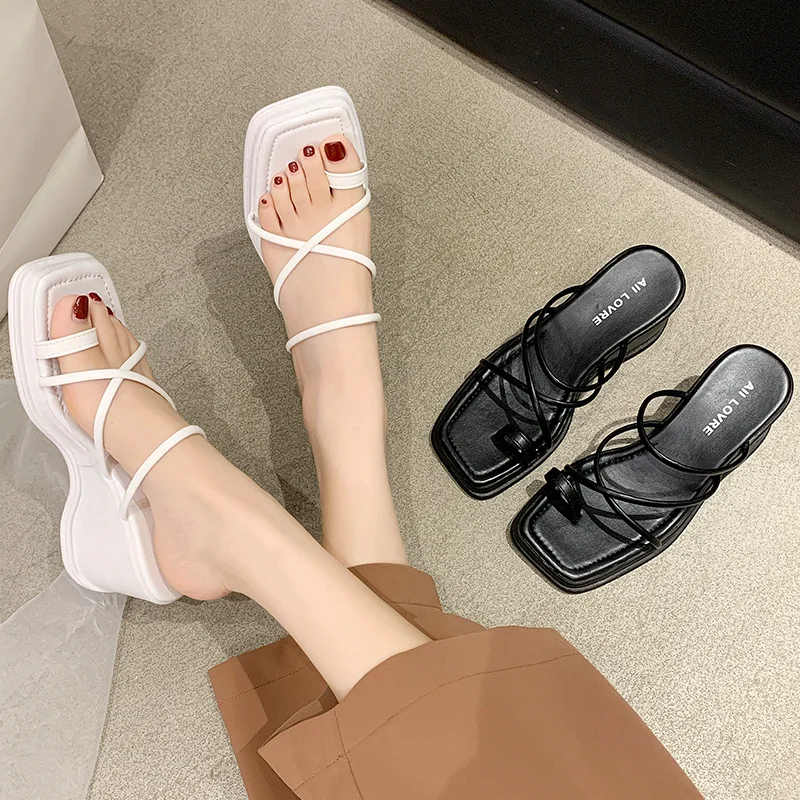 Female Shoes Rubber Flip Flops Slippers Casual Slides Women Heels Loafers Square Toe Platform On A Wedge 2024 Soft Hawaiian