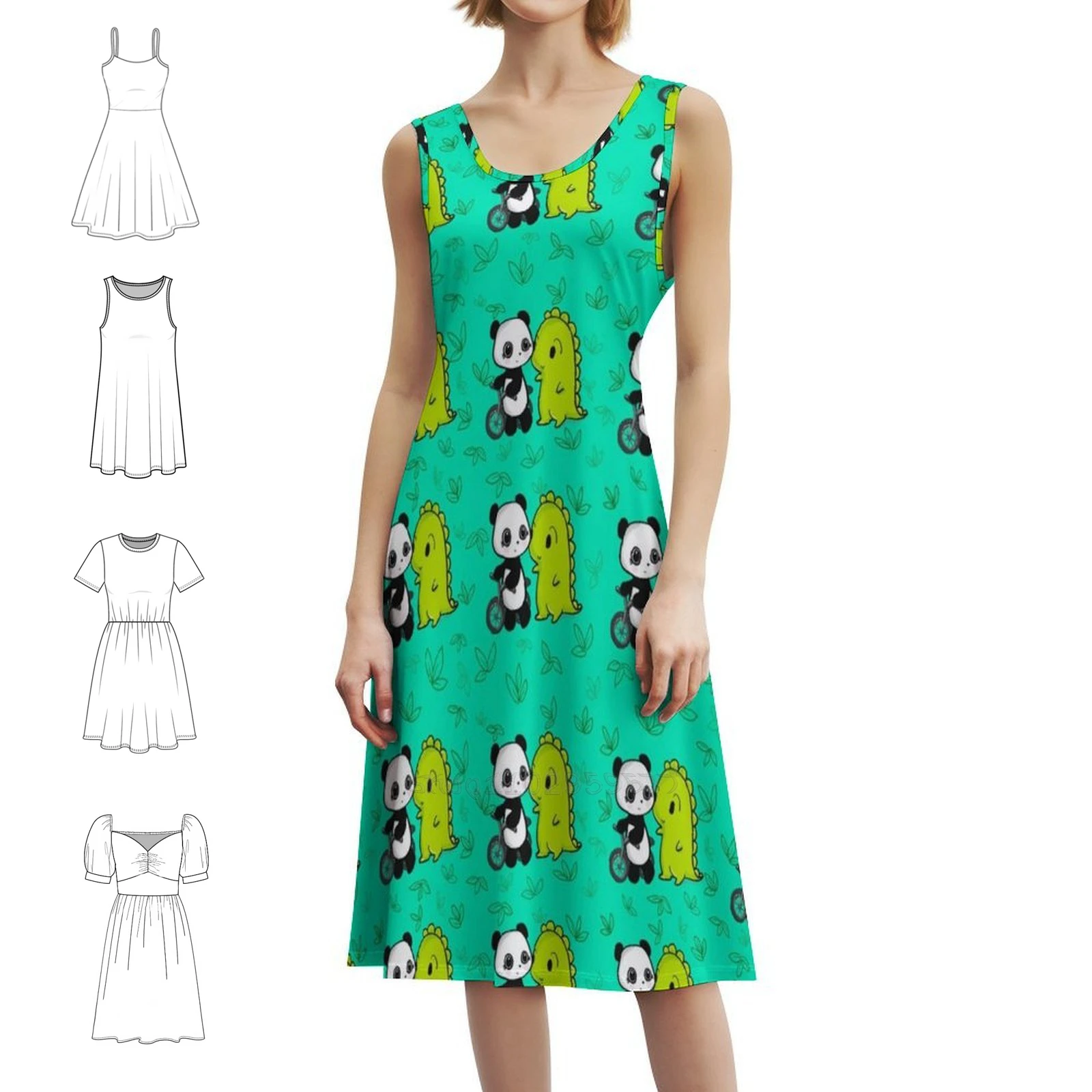 

Бесшовный узор: винтажное богемное платье Dino & Panda'S Bike Ride, бирюзовое, с пышными рукавами или варианты без рукавов для женщин, платье на велосипеде