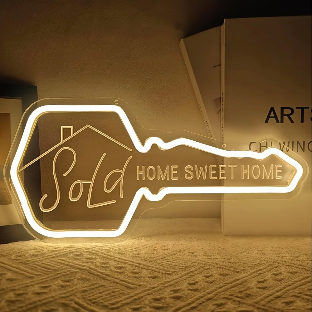 Sold Home Sweet Home Key Neon Sign - Acrylic LED Wall Art, USB Power, Housewarming Gift for Realtors, Housewarming Party Decor