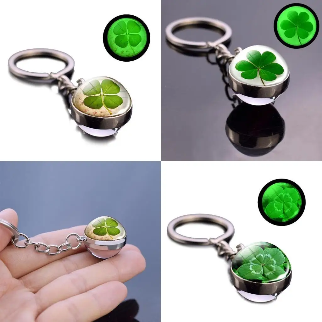 P9FE Four Leaf Clover Glass Glass Doble Side Metal Keychain Joyería suerte