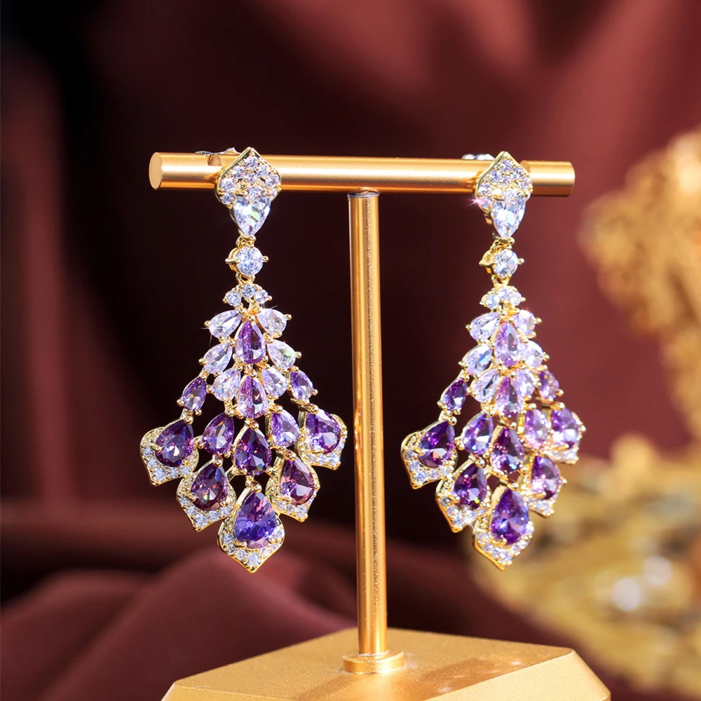 BeaQueen Gorgeous Shiny Purple CZ Stone Big Gold Color Women Drop Earrings Bridal Wedding Anniversary Dress Jewelry Gifts E1156