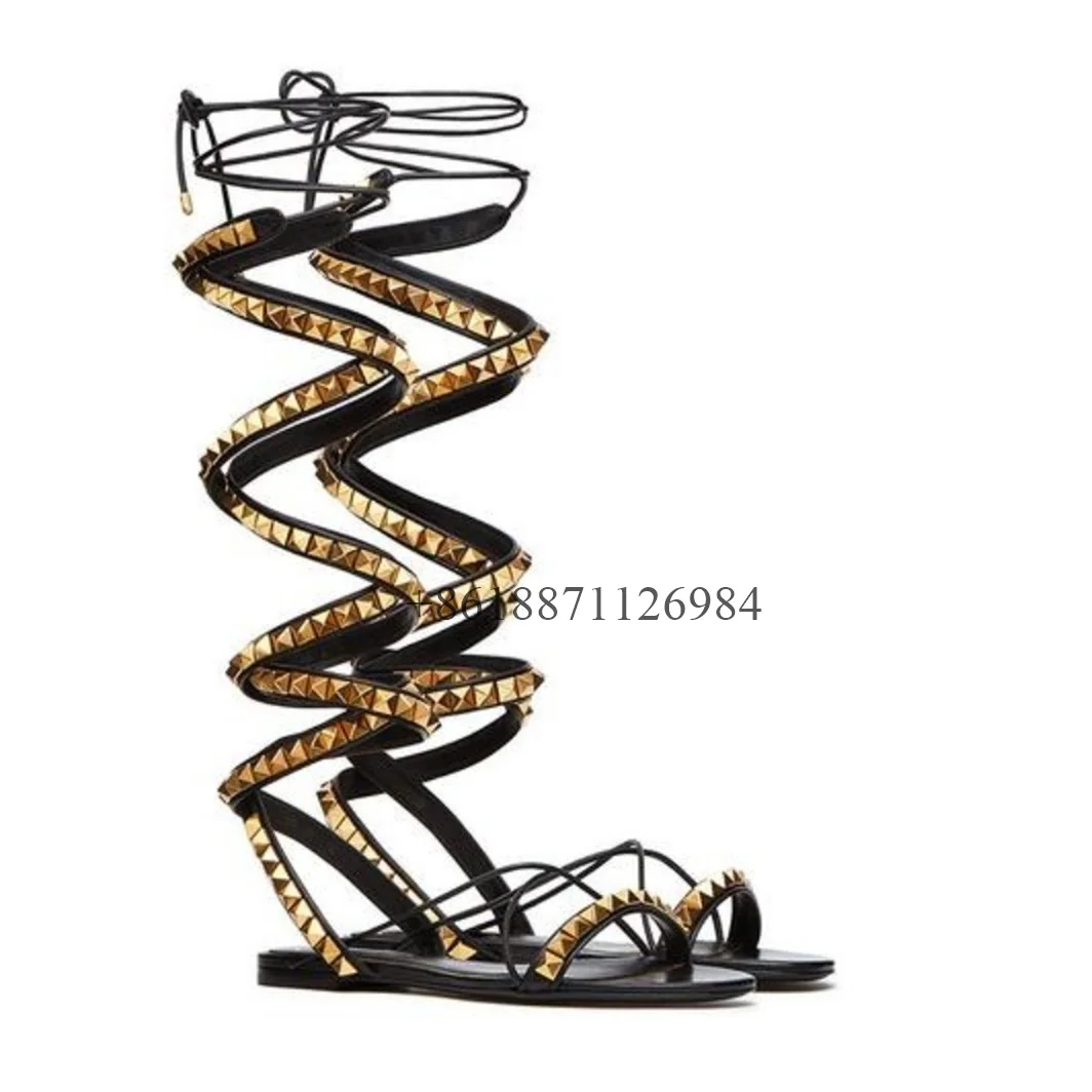 

Cross Strap Round Toe Summer Women Modern Sandals With Rivet Chunky Low Heels Lace Up Design Large Size Romen Shoes