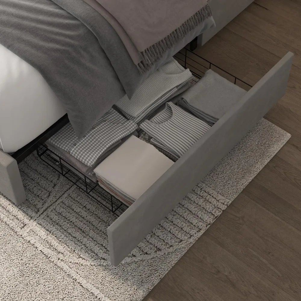 HOSTACK Queensize bedframe met 4 opbergladen, modern gestoffeerd platformbed met verstelbaar hoofdeinde, getuft bed met knopen