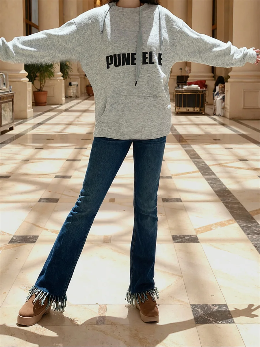 

Джинсы с расклешенными кисточками, женские винтажные синие потертые шикарные брюки оверсайз с высокой талией и вышивкой, большие размеры, расклешенные брюки