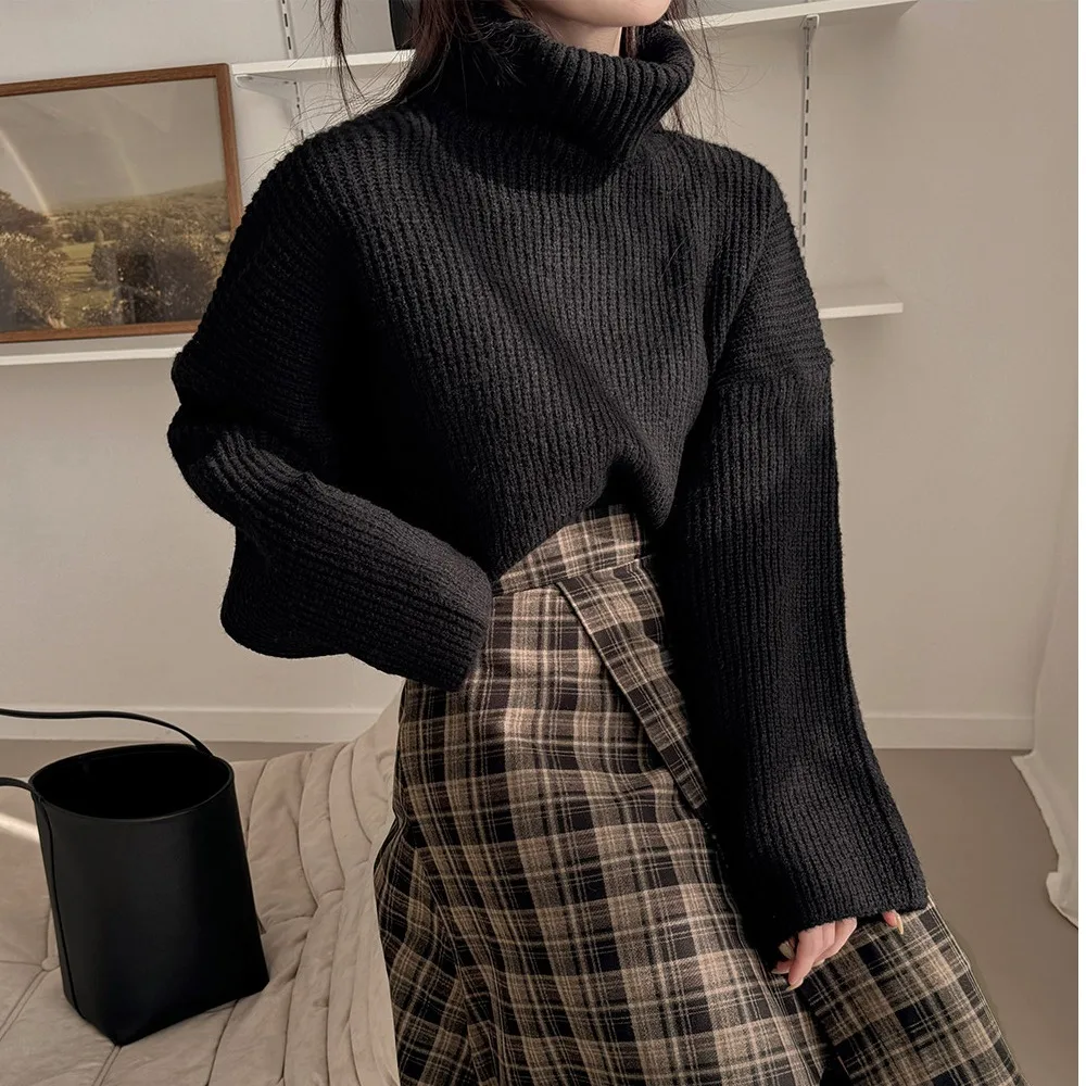 

Women's Chic Loose Knitted Sweater Thi Long Sve High Collar Casual All-Match Autumn Winter Pure Color Lazy Sle Top