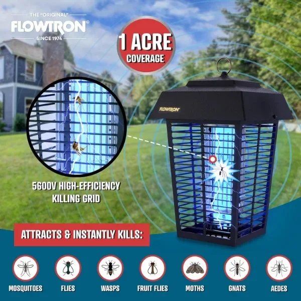 Flowtron Electric Bug Zapper 1 Acre Zewnętrzna kontrola owadów z podwójną metodą przynęt, światłem UV 40 W i atraktorem Octenolowym