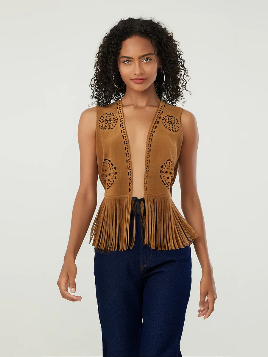 Women's Boho Fringe Faux Leather Vest Stylish Open Front Sleeveless Tassel Western Jacket Hippie Festival Wear