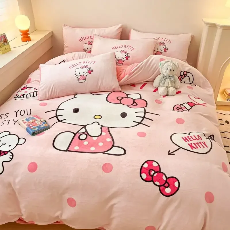 Sanrio Series Kuromi Milk Fleece Four-piece Flannel Hello Kitty Melody Kids Three-piece Quilt Cover Bed Sheet Pillowcase