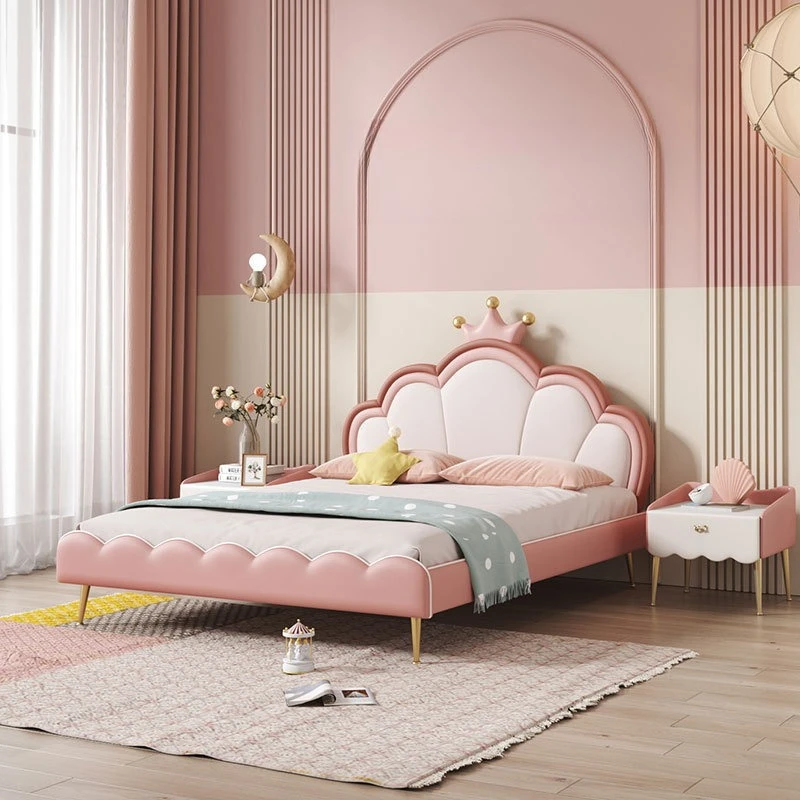 Nordic simple bed small apartment bedroom pink crown soft bed dream castle girl single bed