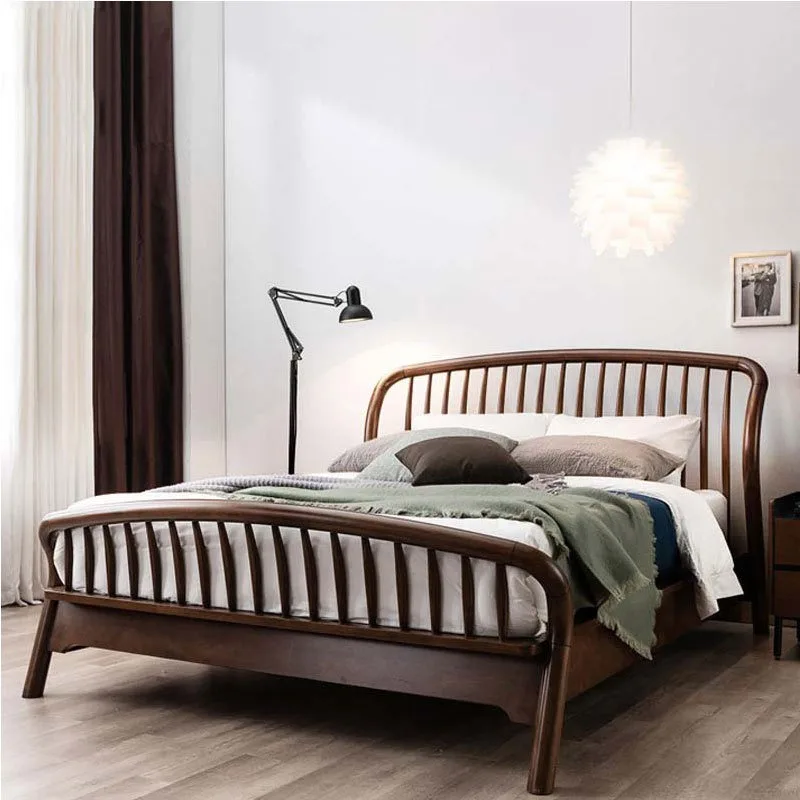 Nordic black walnut master bedroom 1.8m double wedding bed, modern simple bedroom new Chinese furniture solid wood bed
