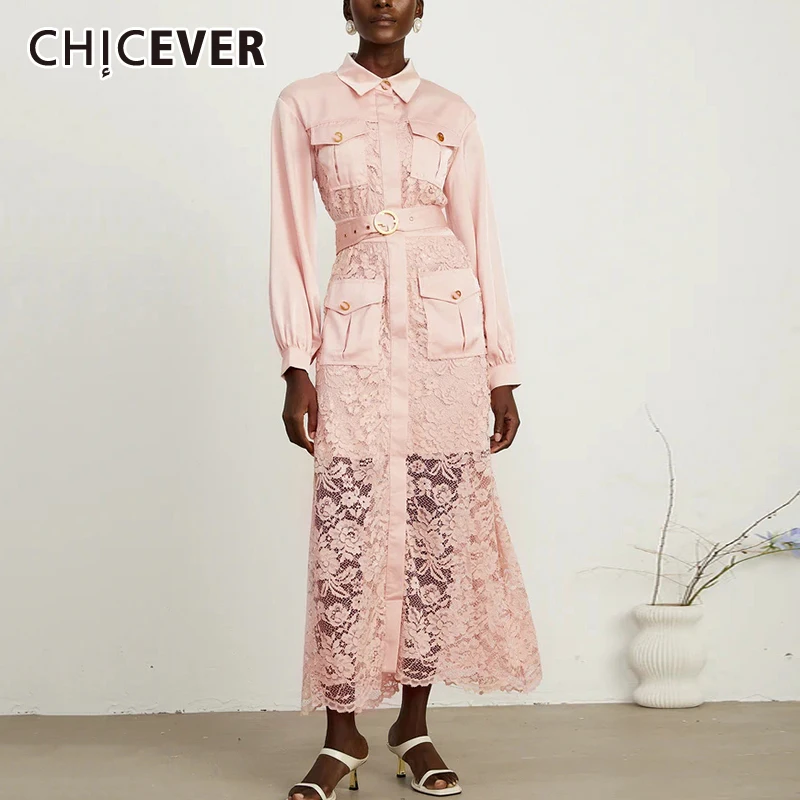 

CHICEVER Slimmming Fashion Spliced Lace Dresses for Women Lapel Lantern Sleeve Patchwork Pockets Tunic Dress Female Clothing New