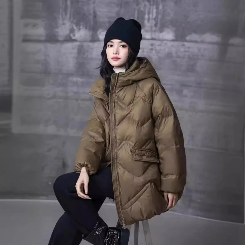 Jaqueta feminina com capuz de comprimento médio, casacos casuais quentes, parkas para baixo, moda coreana, outono, inverno, 2024