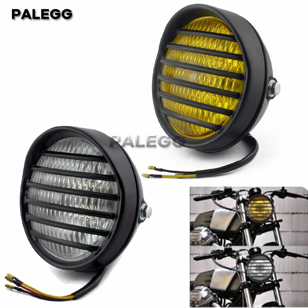 Black Retro Headlight Round Motorcycle Grill Headlight Motorbike Retro Headlights with Bracktes Motor Moto Scooter