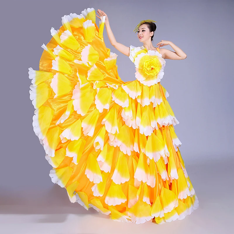 Vestido de Flamenco español para mujer, traje de baile con apertura de tortilla, elegante, de pétalos de columpio grande, de 180 a 720 grados