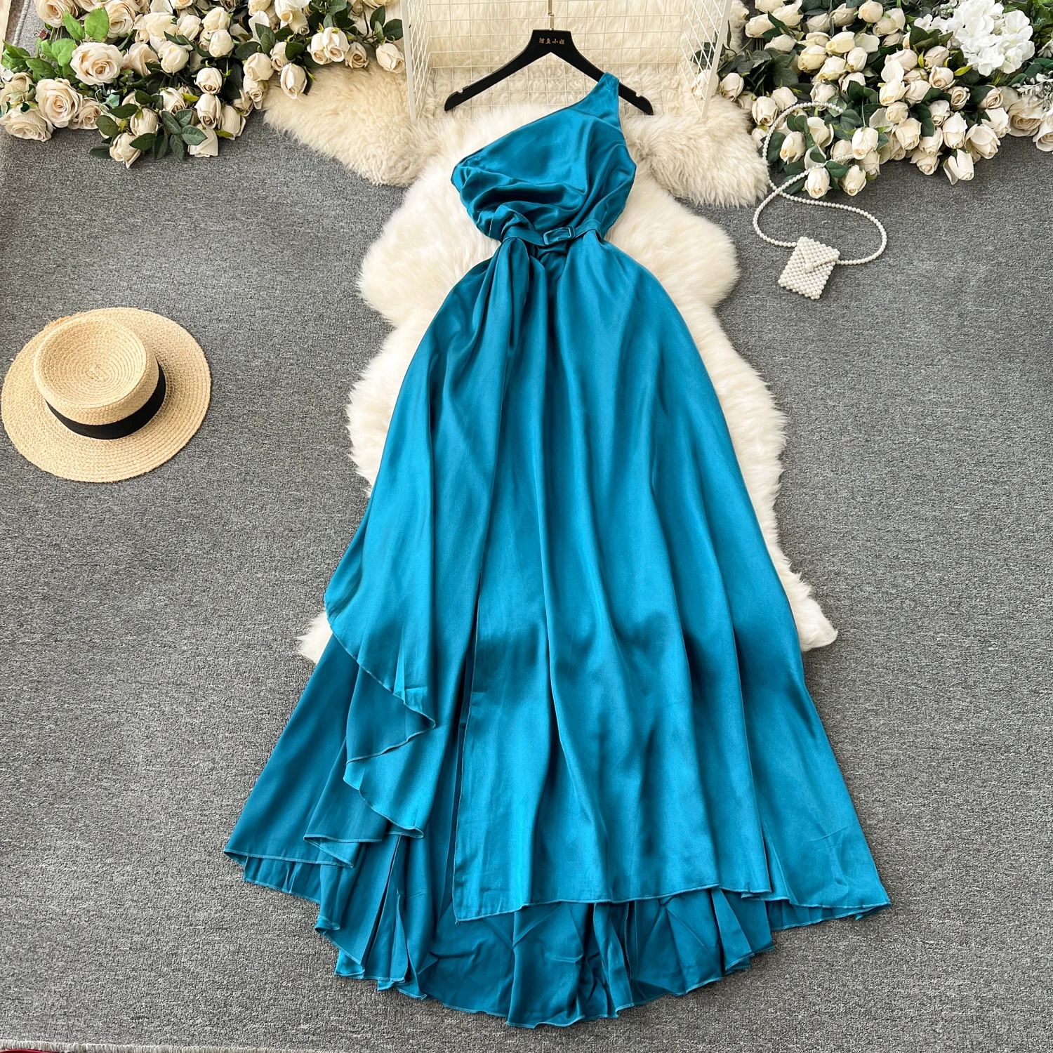 Chic Elegant One Shoulder Asymmetric Dress Beach Vacation Party Diagonal Collar Dress Women Summer A-line Vestidos