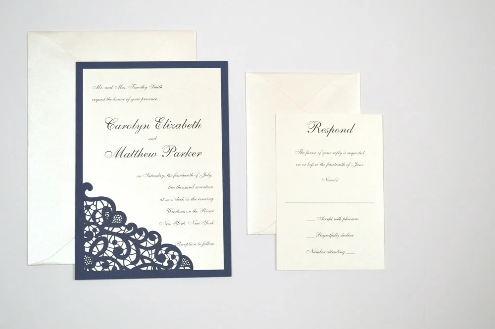 

50pcs Dark blue Pocket Romantic Envelope Wedding Invitation,laser cut custom invitations, personalized greeting card
