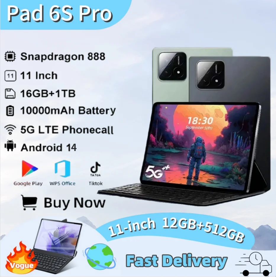 

International Pad 6S Pro Tablet Android14 Snapdragon 888 11-inch 16GB + 1TB 5G Dual SIM Bluetooth 5.0 WiFi TV Show XioaMi Tablet