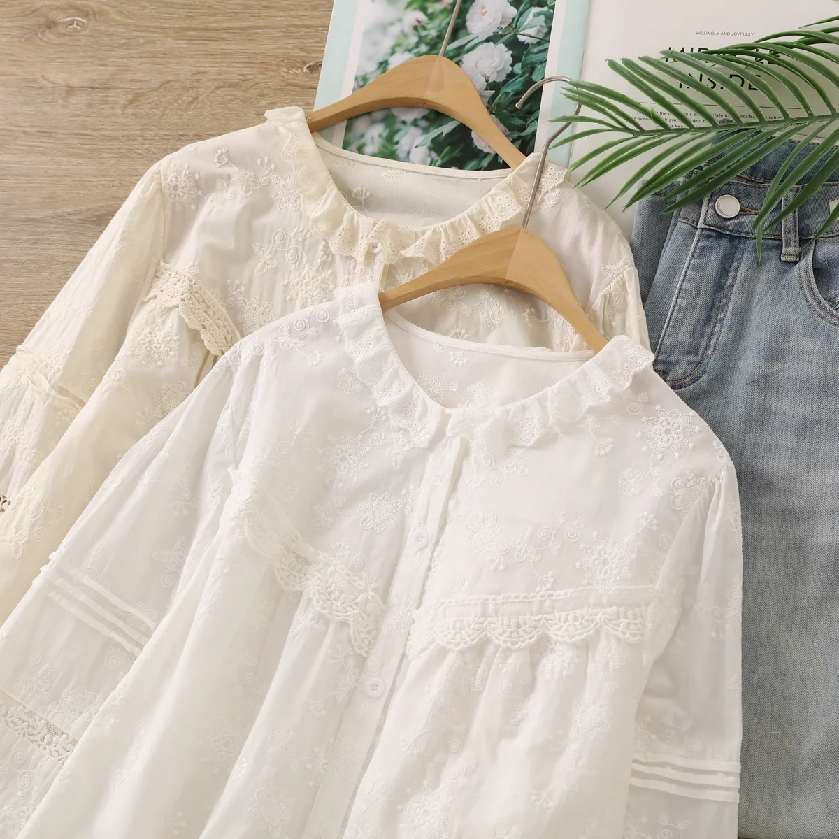 

2025 Mori girl spring Japan style cotton lace collar white beige embroidery crochet shirts blouses for women vintage clothing