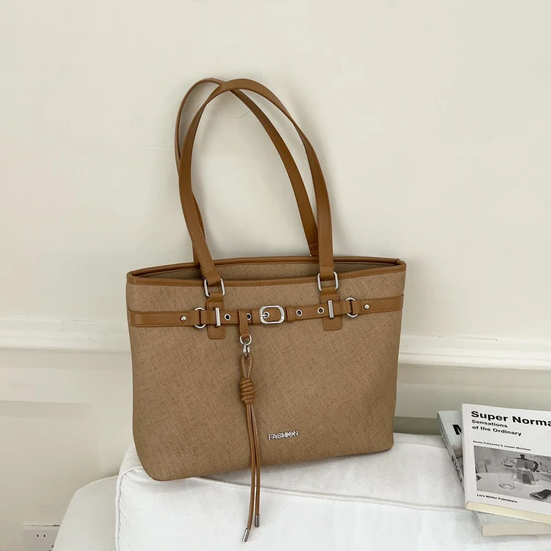 Women Large Capacity Textured Tote Bag Belt Buckle Knotted Pendant PU Trim Shoulder Handbag For Work School Commute
