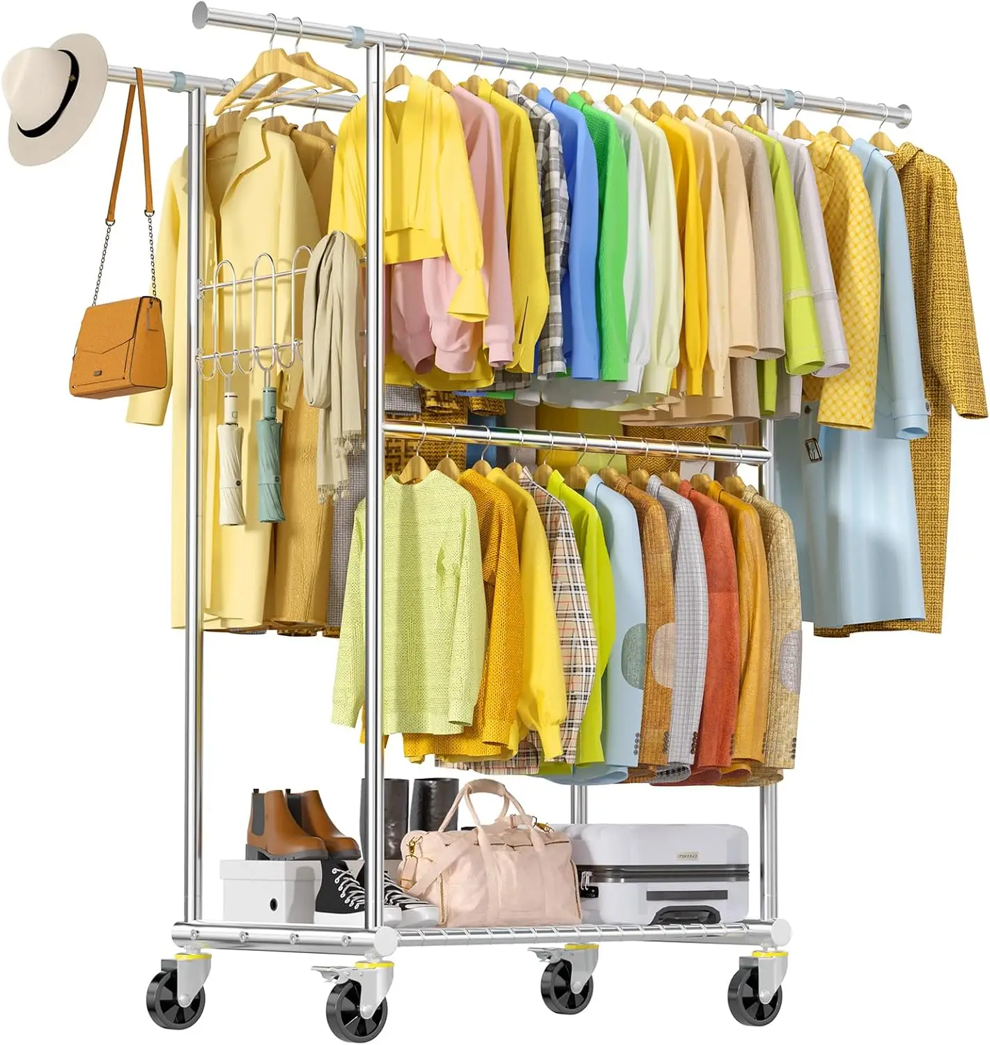 

Stainless Steel Heavy Duty Clothes Rack Load 960LBS, Freestanding Garment Racks with Three Rods for Hanging, Rolling Clothing