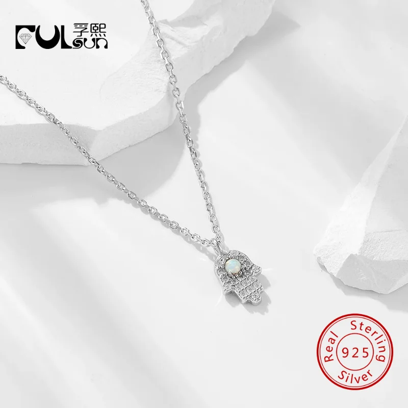 925 Sterling Silver  Gold Plated Mini Hamsa Hand Opal Clear CZ Pendant Necklace Women Dainty Spiritual Minimalist Jewelry