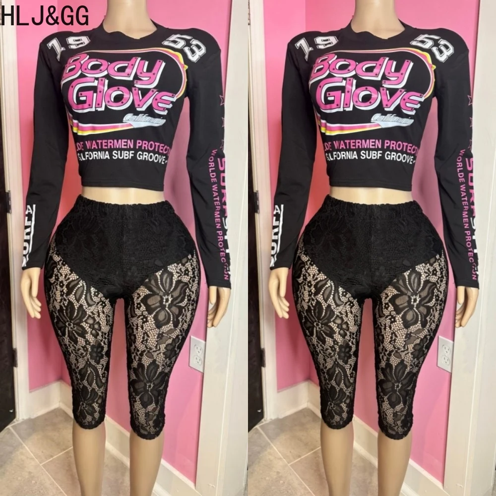 

HLJ&GG Black Y2K Fashion Lace See Though Pants Two Piece Sets Women Round Neck Long Sleeve Letter Print Crop Top + Pants Outfits