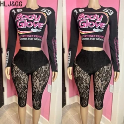 HLJ&GG Black Y2K Fashion Lace See Though Pants Two Piece Sets Women Round Neck Long Sleeve Letter Print Crop Top + Pants Outfits