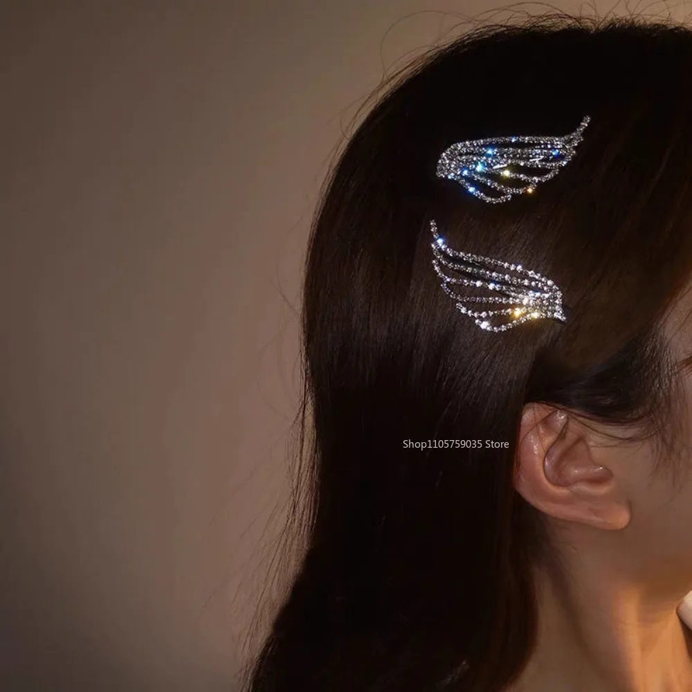 Shining Rhinestone Angel Wings Hairpin for Women Full Diamond Korean Temperament Girl Side Hairpin Metal Bangs Edge Clip