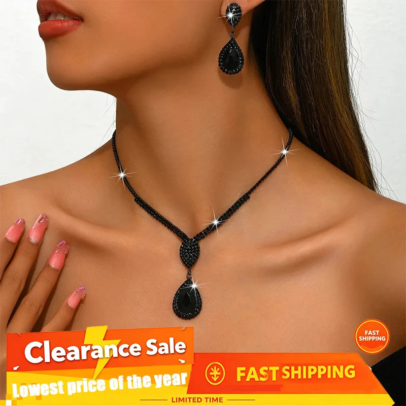 3pcs Set Low-key Luxury Black Teardrop Shaped Women's Necklace Earring Set Music Festival Party Daily Fashion Accessories