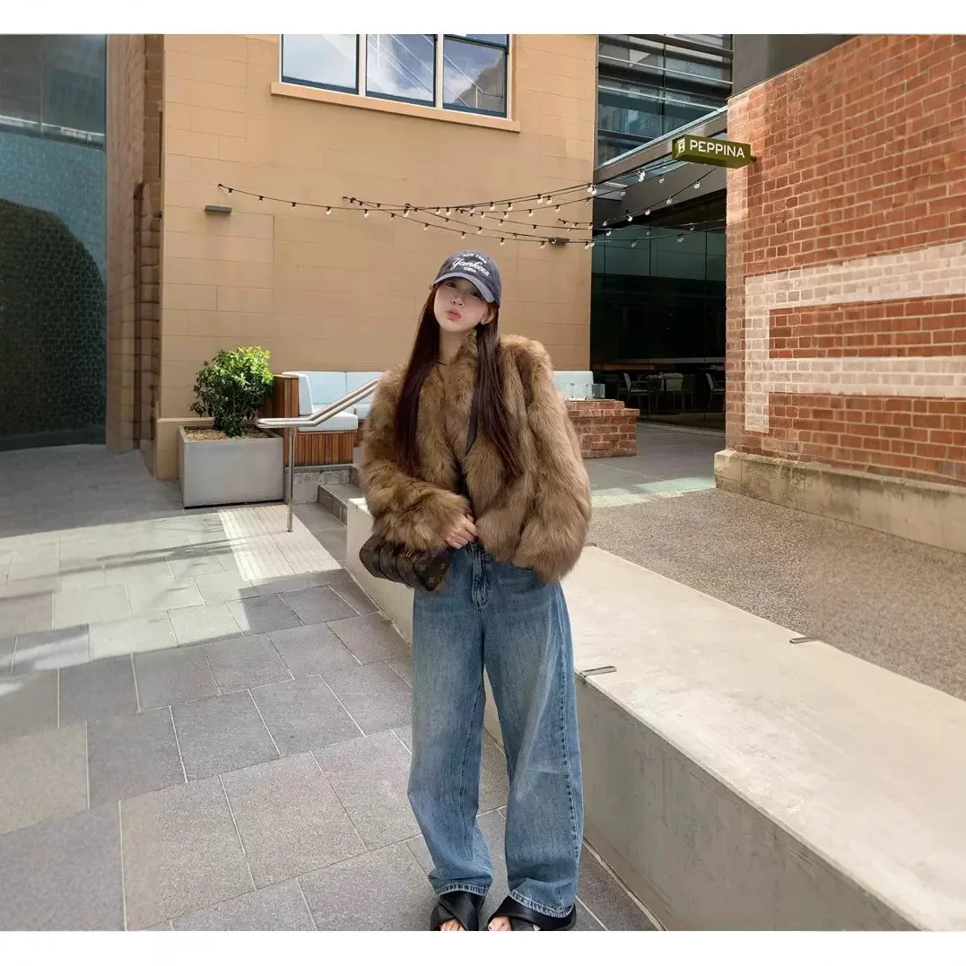 

Женская зимняя норковая куртка с напуском, винтажная коричневая женская верхняя одежда с короткими рукавами и длинными рукавами, универсальная женская норковая шуба