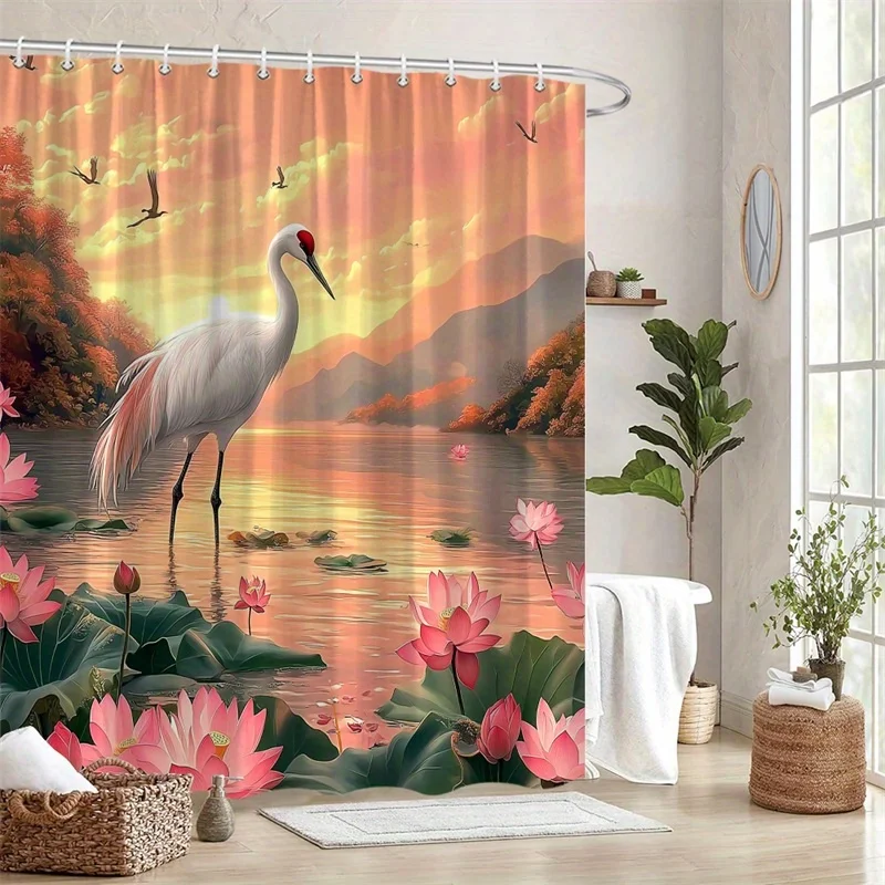 

1pc White Crane & Pink for Lotus Lakeside Sunset Shower Curtain - Elegant Peaceful Nature Digital Illustration, Machine-Washable