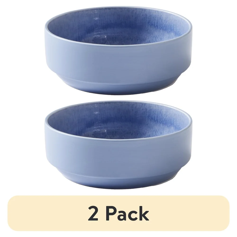 2 Pack Stackable Stoneware Cereal Bowls 6.25 Inch Glossy Blue Artisan Finish Unique Reactive Glaze Space Saving Design Hand Wash