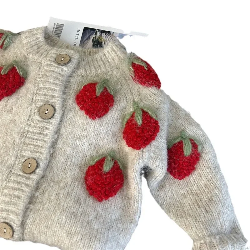 New Baby Handmade Embroidered Strawberry Cardigan Sweater for Girls Spring and Autumn Fashionable Sweater Children Warm Cardigan