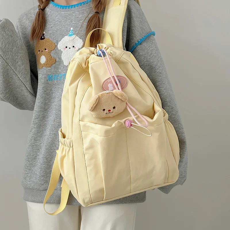 Women's Light Blue Drawstring Backpack Cute Patch Rucksack For School Daily Use