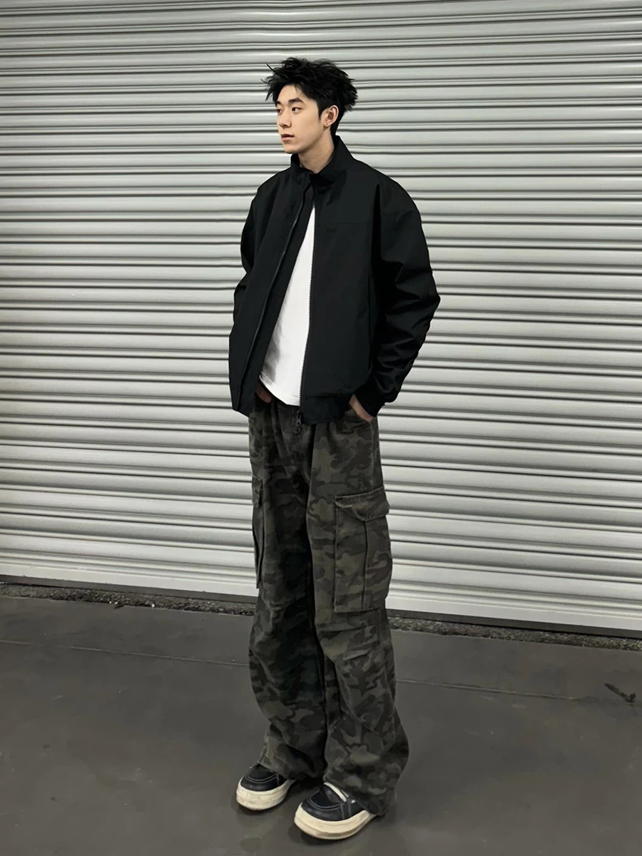 

Мужские рабочие брюки в американском стиле с камуфляжным принтом, модные весенние плиссированные брюки для лесорубов, расклешенные прямые брюки в стиле High Street Vibe