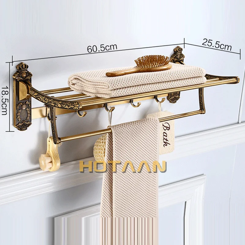 Aluminum Foldable Antique Brass Bath Towel Rack Active Bathroom Towel Holder Double Towel Shelf With Hooks Bathroom Accessories