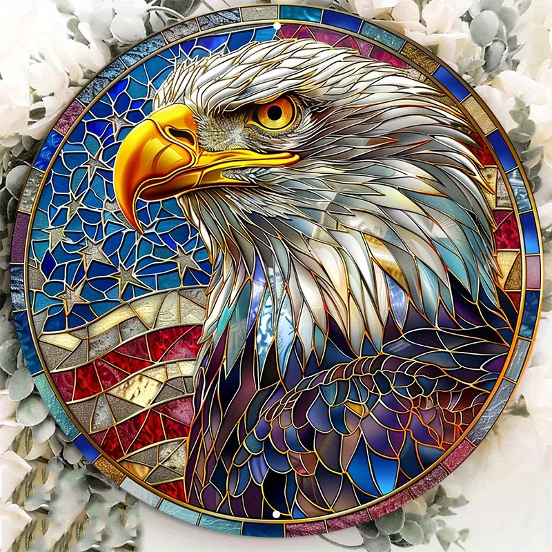

Aluminum Stained Glass Bald Eagle Wall Sign with American Flag Background, Artistic Home Decor, Decorative Wall Poster, 8x8Inch
