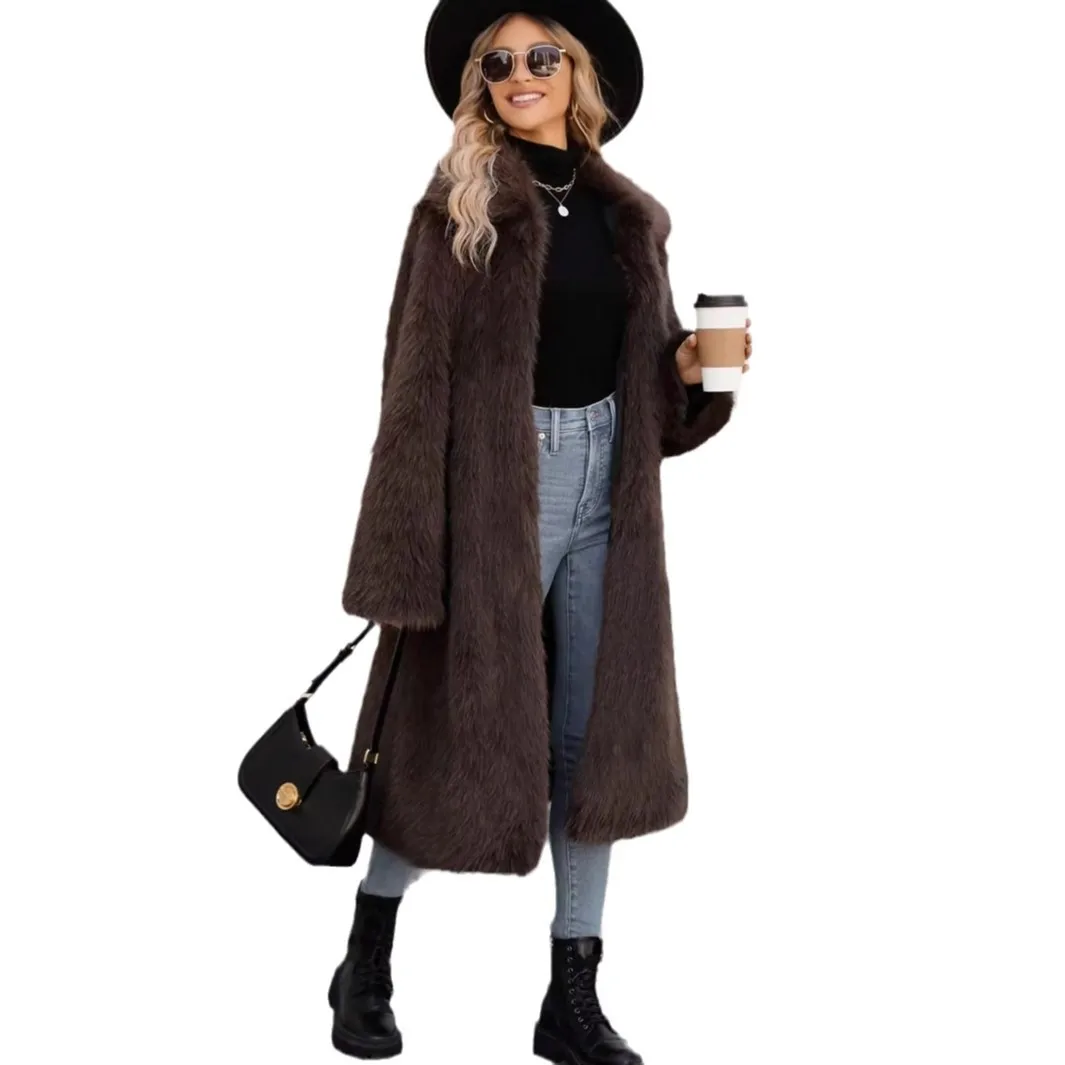 سترة نسائية طويلة من الفرو باللون البني بتصميم عتيق وياقة مقلوبة ملابس خارجية للسيدات من الفرو الاصطناعي ملابس شتوية منفوشة معطف فرو طويل للسيدات #5