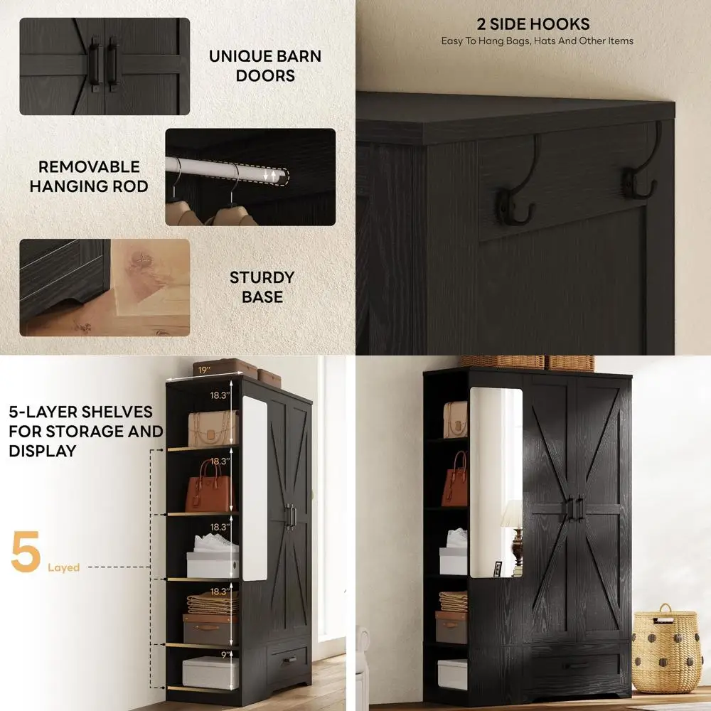

70 Large Wooden Wardrobe with Mirror, 2 Doors, Shelves & Hanging Rail for Bedroom Storage in Black