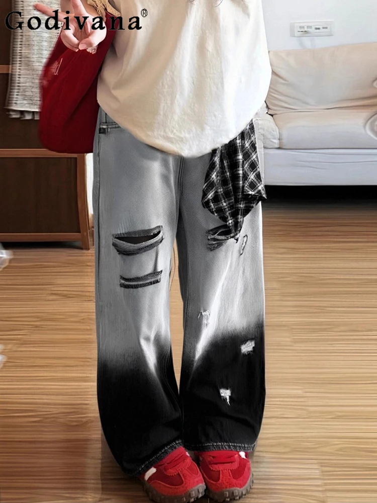 

Большой размер 2XL-6XL, черные шикарные американские широкие джинсы с постепенным изменением цвета, свободные модные универсальные рваные прямые брюки для девочек